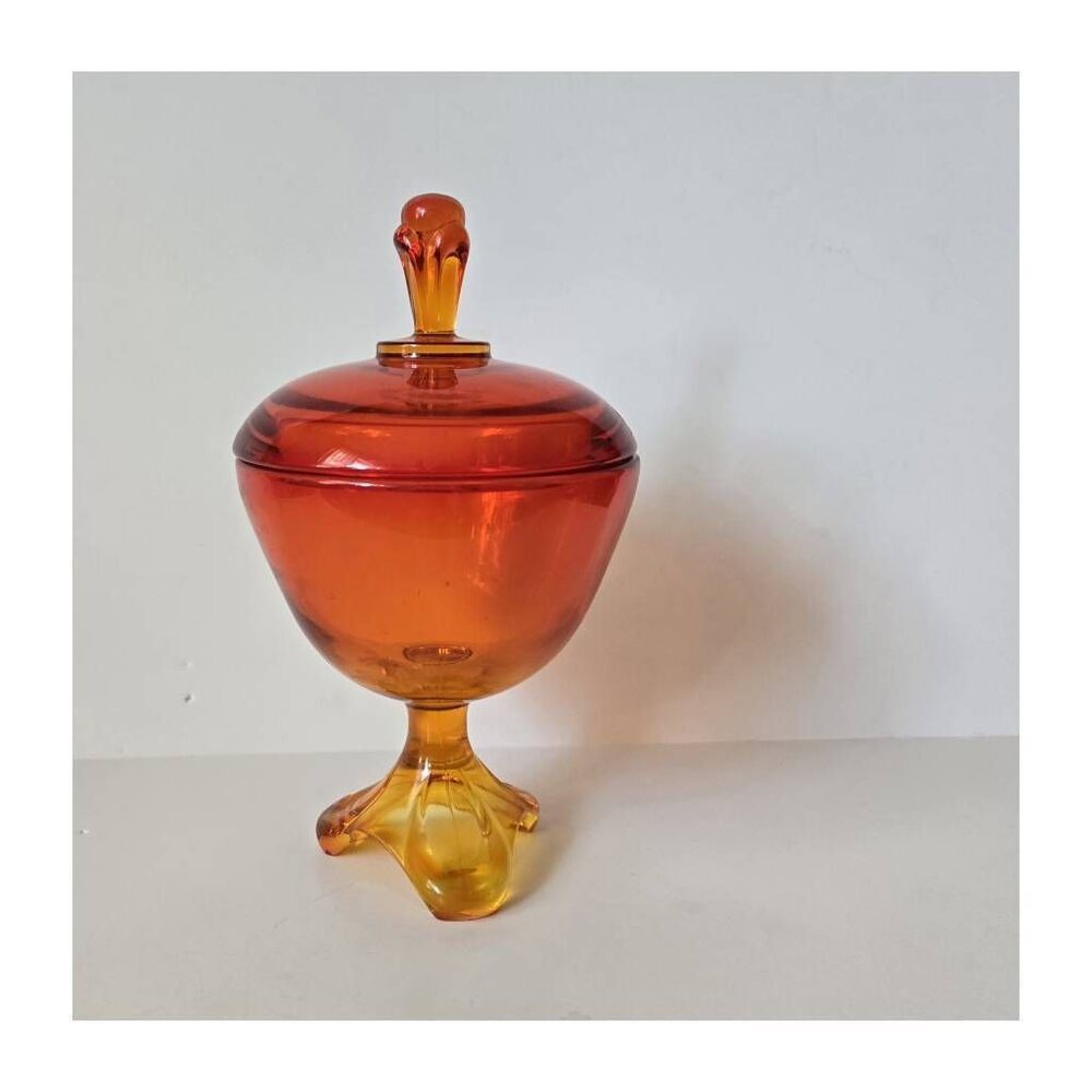 Vintage MCM Viking Orange Persimmon Amberina Three Toe Foil Pedestal Candy Jar L